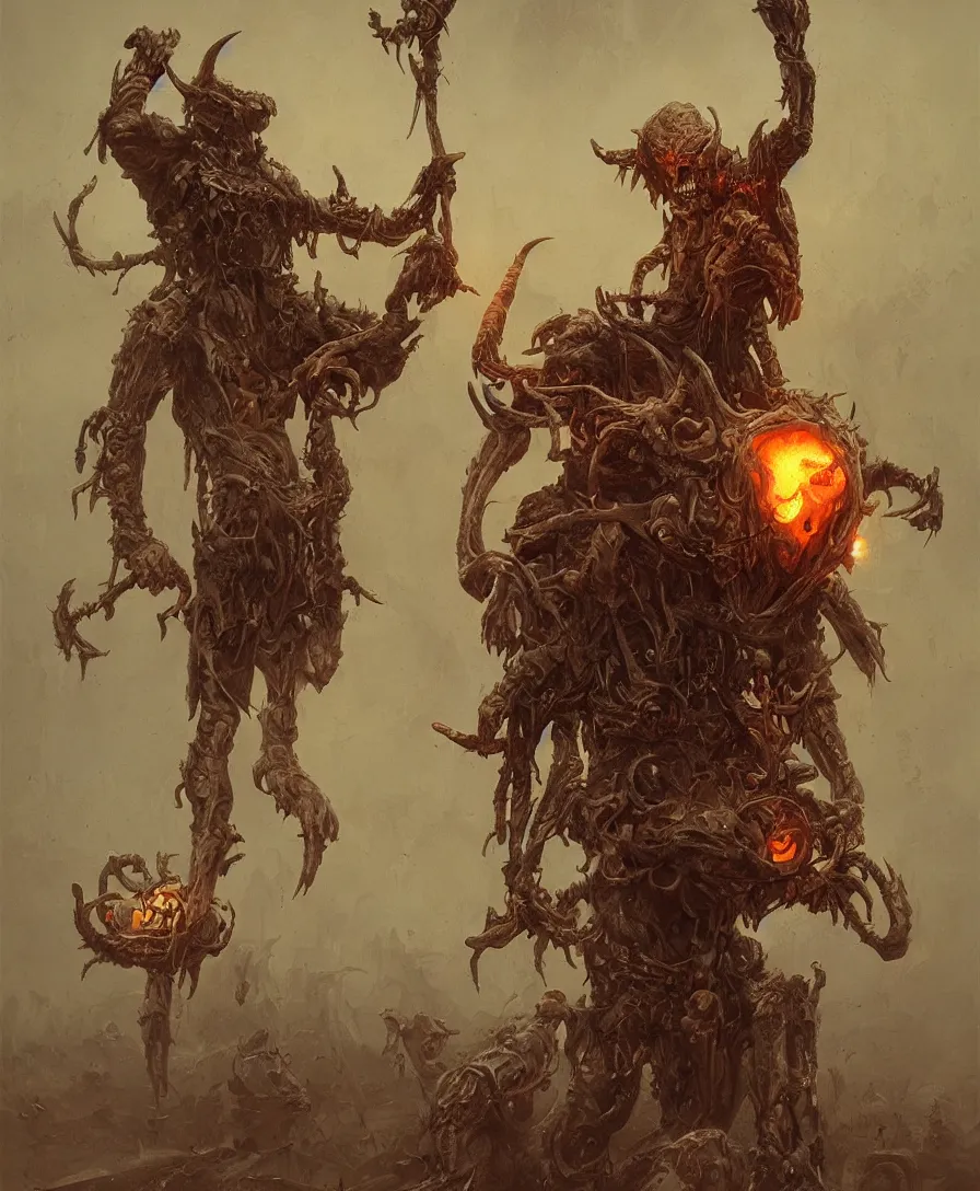 Prompt: devil holding a skull on hand, illustrated by Simon Stålenhag and Gaston Bussiere, intricate, ultra detailed, photorealistic, trending on artstation