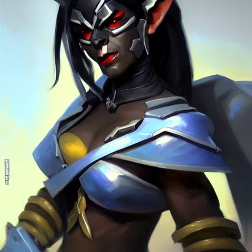 Image similar to Greg Manchess portrait painting of dark elf warrior as Overwatch character, wacky, medium shot, asymmetrical, profile picture, Organic Painting, sunny day, Matte Painting, bold shapes, hard edges, street art, trending on artstation, by Huang Guangjian and Gil Elvgren and Sachin Teng