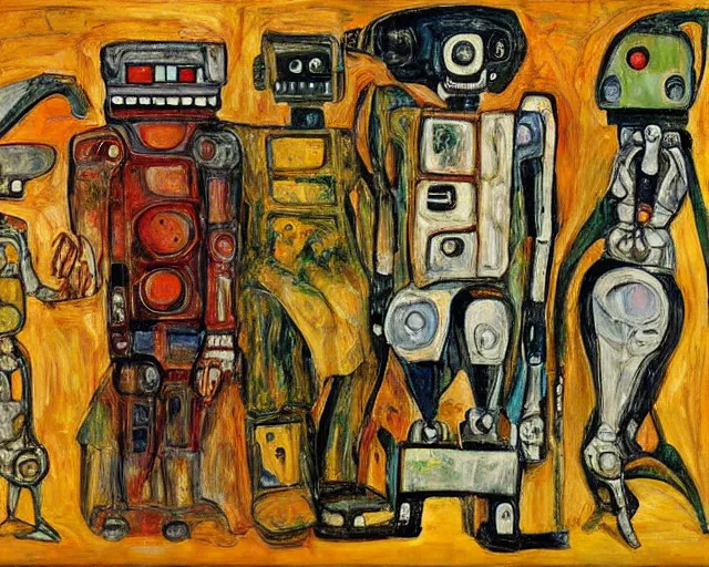 Prompt: a painting of a robot family by graham sutherland, egon schiele, expressionism