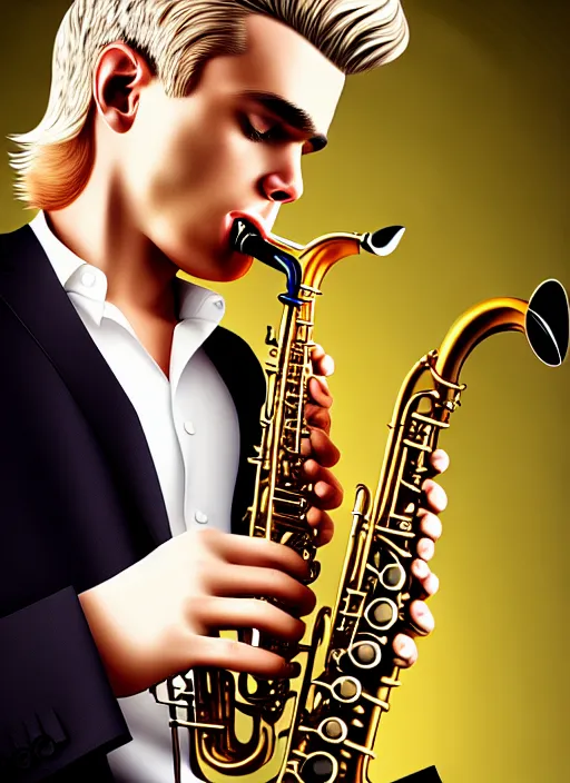 Prompt: photo of a gorgeous young blond man playing sax in the style of stefan kostic, realistic, sharp focus, 8k high definition, insanely detailed, intricate, elegant, art by stanley lau and artgerm