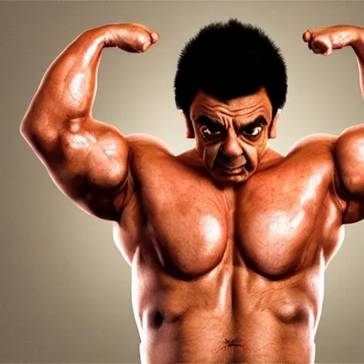 Image similar to upper body portrait of a hulking bulky swole steroids musclebound huge bodybuilder muscular herculean chiseled mr bean rowan atkinson, cinematic lighting, photorealistic, octane render, 8 k, depth of field, 3 d, art by artgerm and greg rutkowski and alphonse mucha and uang guangjian and gil elvgren and sachin ten