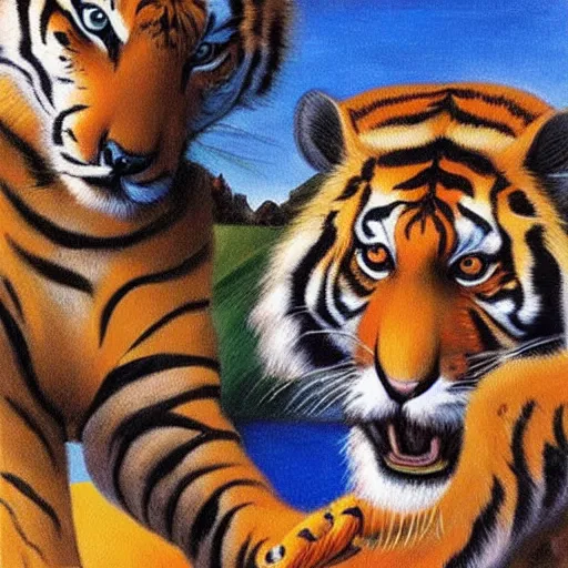 Image similar to A friendly tiger posing in a selfie with his deer friend, oil painting by Salvador Dali