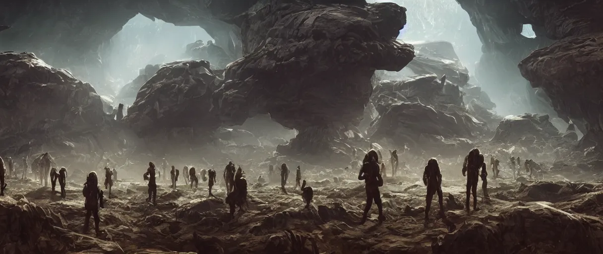 Image similar to ultrafuturistic image of neandertal people surrounded by high scifi technology, distant future, artstation, cinematic, 4 k, concept art