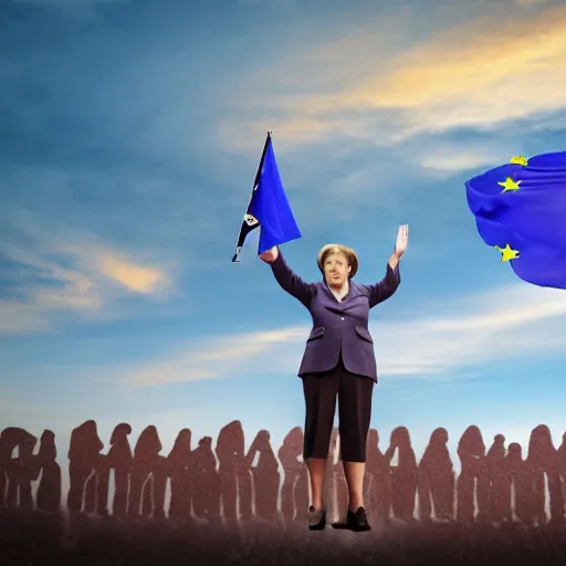 Image similar to angela merkel standing heroically on a pile of dead bodies while waving the eu flag during sunset, hyper realistic with detailed shadows