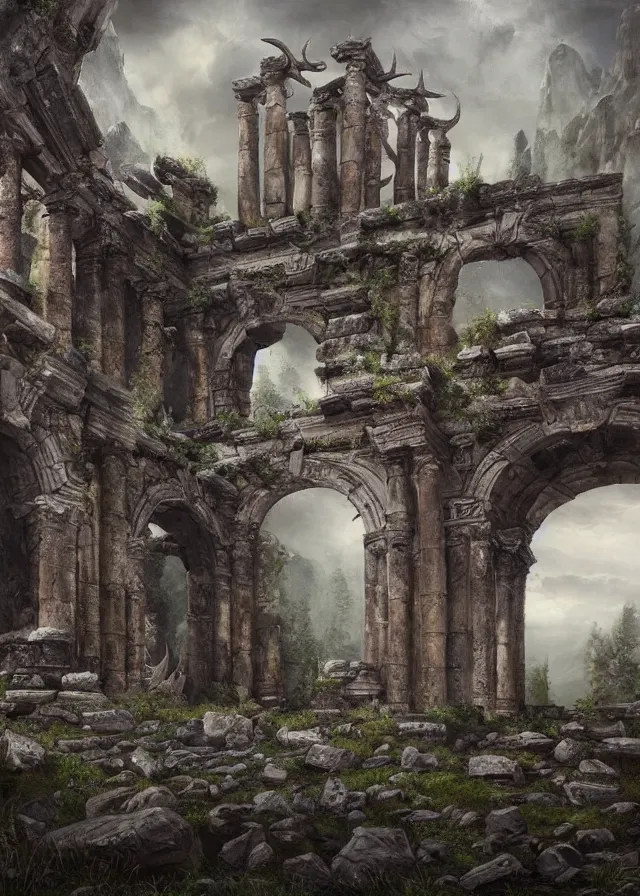 Prompt: a highly detailed painting of ancient ruins with antlers made of stone growing out of them, ominous, foreboding, dark, trending on artstation,