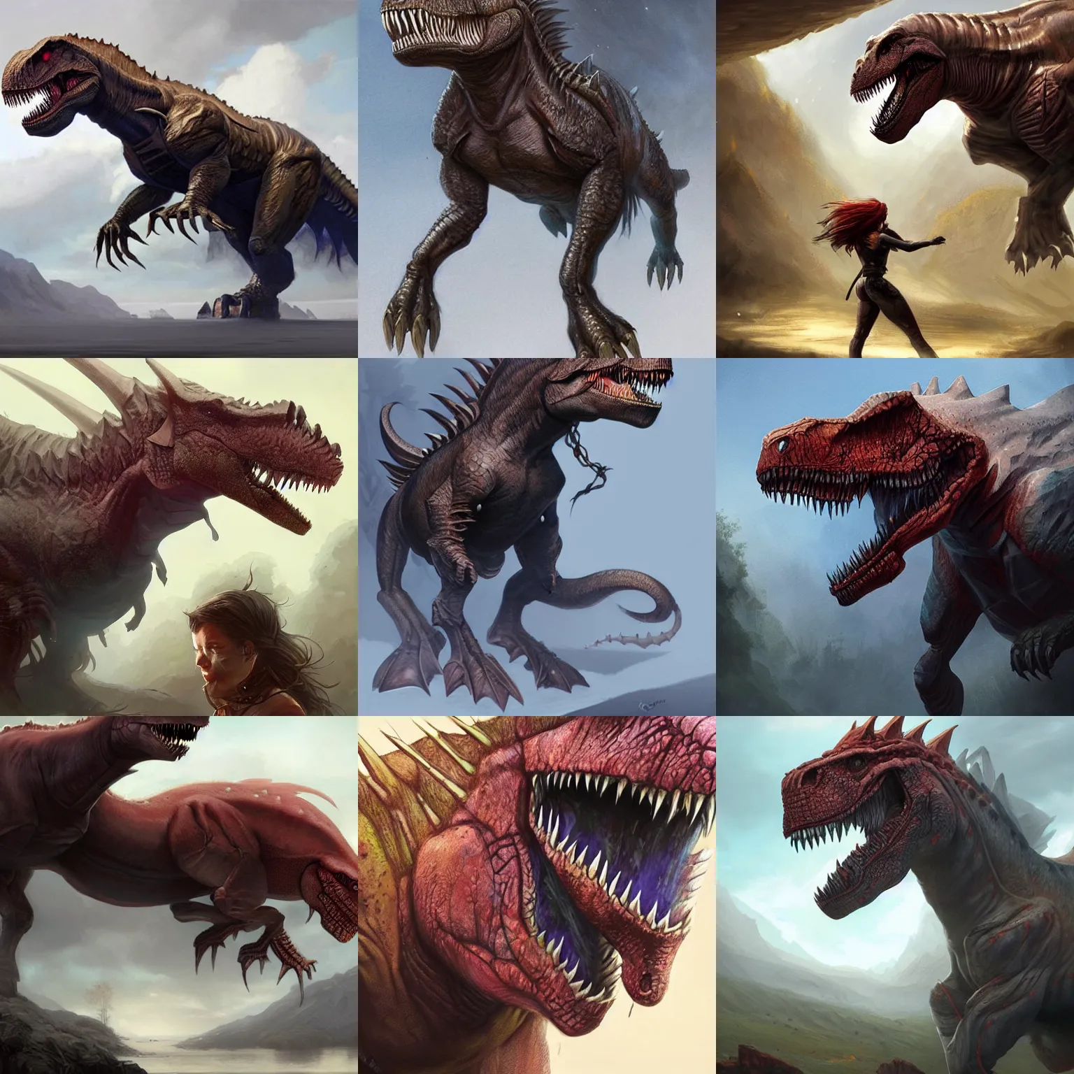 Prompt: T-rex horse, D&D, fantasy, highly detailed, digital painting, trending on artstation, concept art, sharp focus, illustration, art by artgerm and greg rutkowski and magali villeneuve