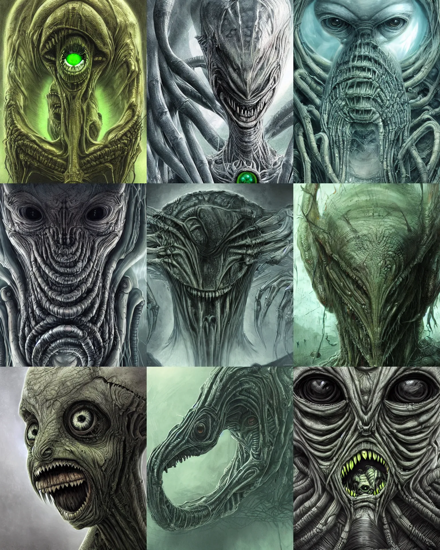 Prompt: grotesque alien beast with long forehead. green semitransparant cloudy faceted eyes. high quality photorealistic 4 k, hyperrealism, volumetric fog, serious, dark, scary, fear, intricate concept art of h. r. giger, symmetric, horror, kaiju looking down worms - eye - view