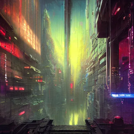 Image similar to an enigmatic and terrifying painting of a cyberpunk universe by marc simonetti, greg rutkowski, ferdinand knab, colour, hyper detail, 8 k, city, universe, nebula, cars, neon, neo - tokyo, burst of colour, imaginary, concept art, out of this world, depth, incredible depth