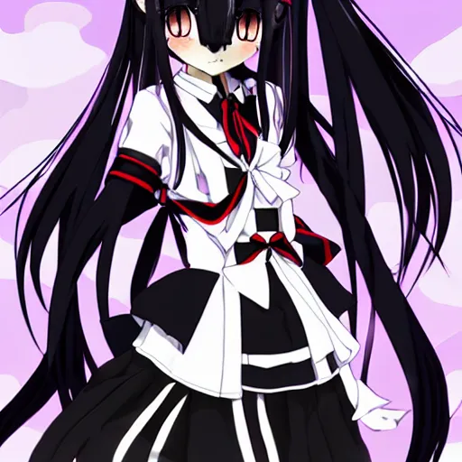 Image similar to Anime Screenshot of a “red-eyed black-haired anime fox girl” wearing black fingerless-gloves, high-waist-black-skirt, white-collared-shirt blue-open-jacket, black-necktie, unsheathing her katana, white background, visual-key, anime illustration, pixiv, anime-twitter