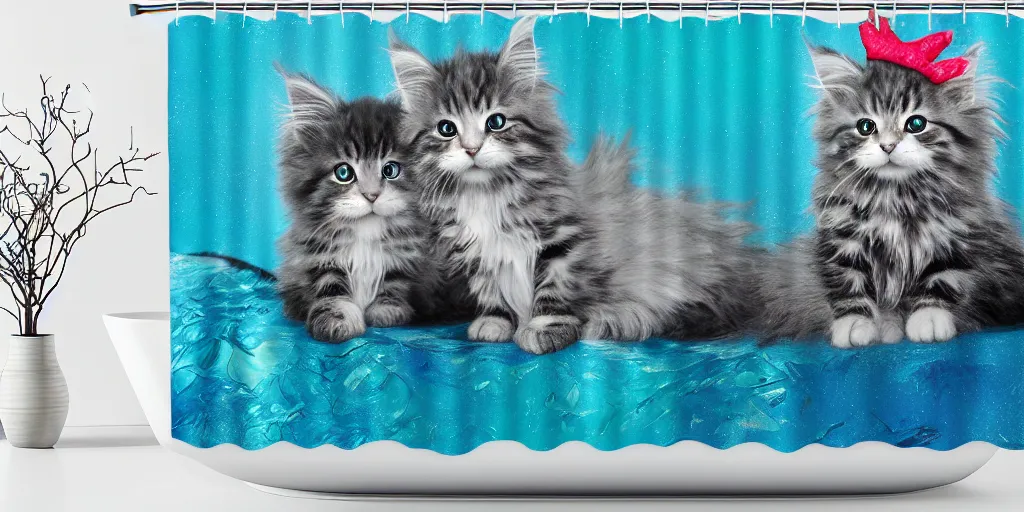 Image similar to a main coon kitten little mermaid shower curtain, product photography. 4 k, highly detailed.