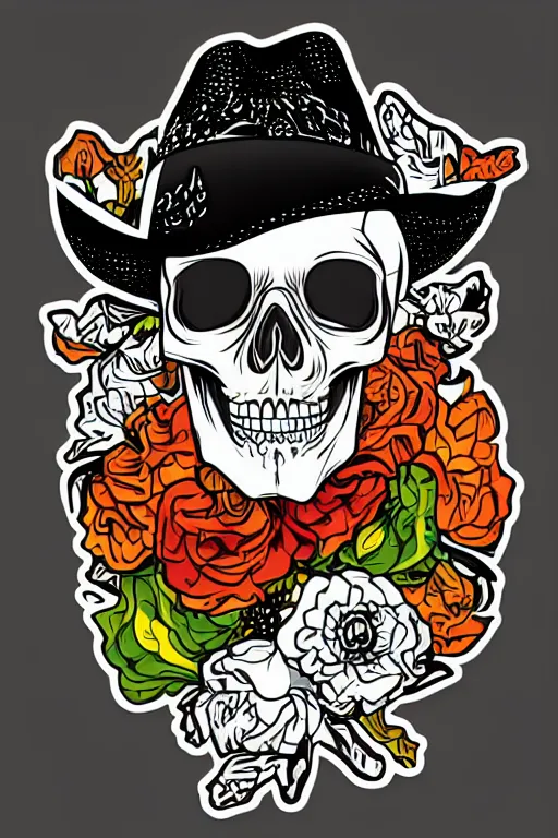 Image similar to A portrait of a skull that is a cowboy, sticker, colorful, illustration, highly detailed, smooth and clean vector curves, no jagged lines, vector art, smooth