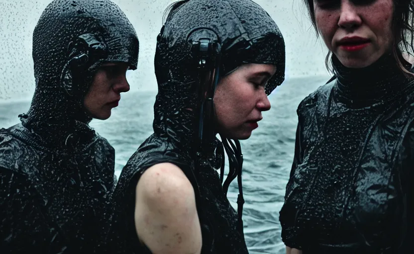 Image similar to cinestill 5 0 d candid photographic portrait by helen levitt of two loving female androids wearing rugged black mesh techwear in treacherous waters, extreme closeup, modern cyberpunk moody depressing cinematic, pouring rain, 8 k, hd, high resolution, 3 5 mm, f / 3 2, ultra realistic faces, ex machina