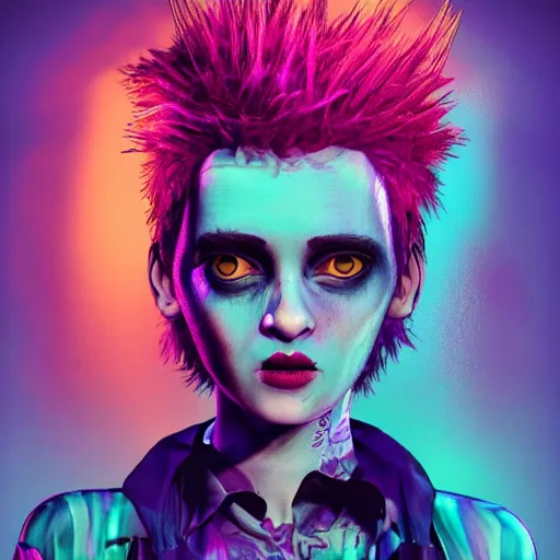 Image similar to punk women portrait made out of paint, short hair, octane render, highly detailed, realistic, tim burton and bob ross comic book art, matte painting, holographic, trending on artstation, cinematic, splashes of neon