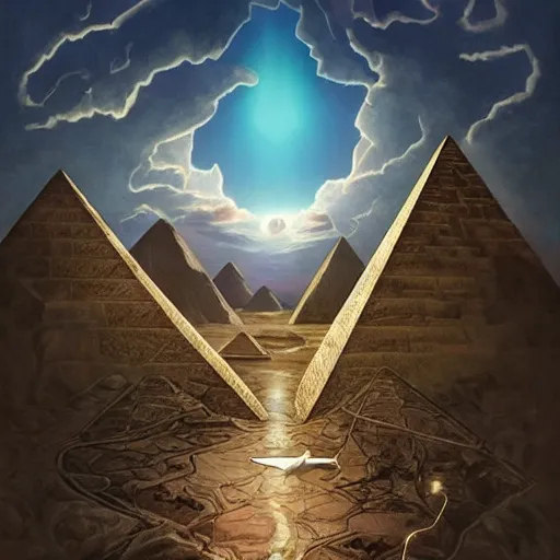 Image similar to point perspective path towards a pyramid with black snake in the sky ,by artgerm and Craig Mullins, James Jean, Andrey Ryabovichev, Mark Simonetti and Peter Morbacher 16k