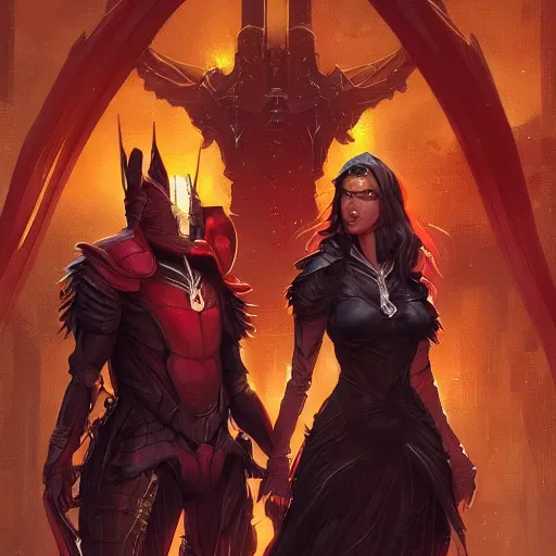 Prompt: a pair of twins, male and female, arrogant, fantasy, wide shot, urban background, highly detailed, digital painting, artstation, concept art, sharp focus, comic book, art by artgerm and greg rutkowski and magali villeneuve, red black and gold color scheme