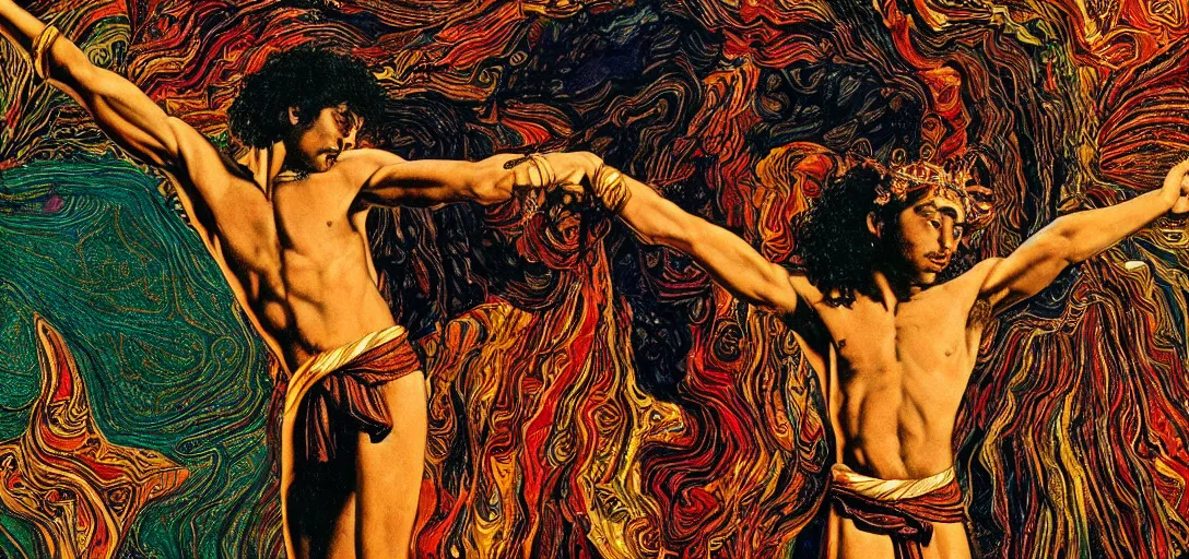 Image similar to an abstract spiritual background, a multiracial greek god dancing, green eyes. high contrast lines, great detail. 2 4 mm, photorealistic, muted color scheme, directed by mati klarwein and mat collishaw