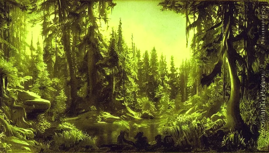 Image similar to disney illustrated background of a fantasy forest at night by eugene von guerard, ivan shishkin, john singer sargent