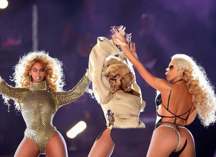 Image similar to beyonce and lady gaga perform together at a concert, ( eos 5 ds r, iso 1 0 0, f / 8, 1 / 1 2 5, 8 4 mm, postprocessed, crisp face, facial features )