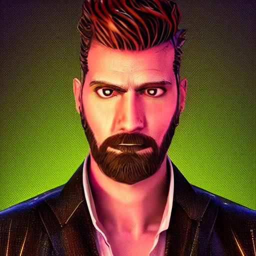 Image similar to epic cartoon portrait made out of rain, pinstripe suit, short hair, galactic background, rendered in octane, unreal engine, highly detailed, trending on artstation, realistic, splashes of neon, beautiful