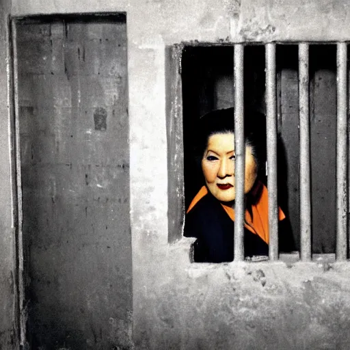 Image similar to imelda marcos in jail, behind bars, wearing an orange jumpsuit, dirty jail cell, award winning photograph by steve mccurry
