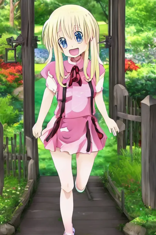 Image similar to a very cute art of a smiling blonde anime girl idol walking at the garden, mouth open, cheeky, in the style of anime, near a stone gate