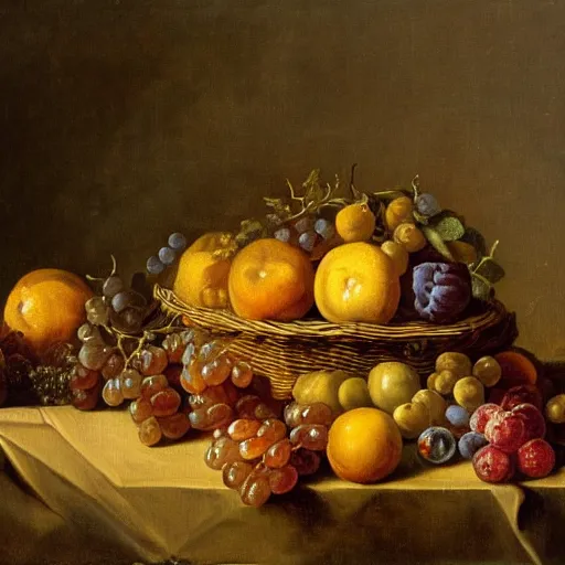 Image similar to a painting of a basket of fruit on a table, a still life by jan davidsz. de heem, deviantart, rococo, dutch golden age, rococo, oil on canvas