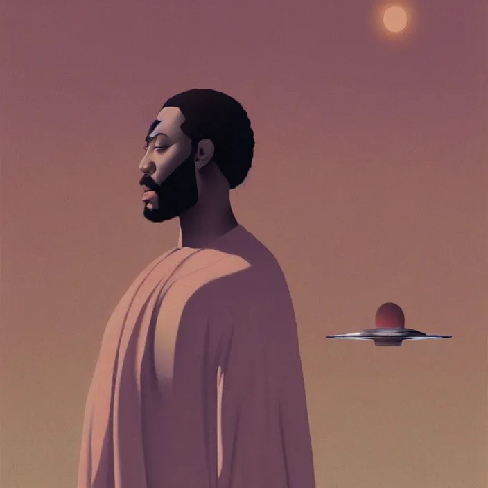 Prompt: a hovering UFO over an African Jesus ,painting by Hsiao-Ron Cheng,