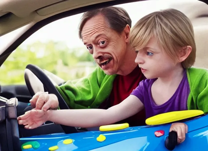 Image similar to steve buscemi driving a little tikes cozy coupe, movie still, from the new zelda game, 8 k, realistic