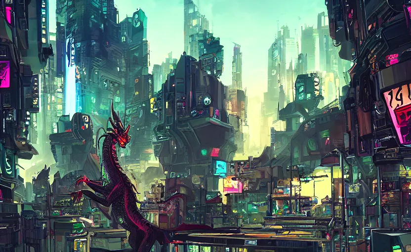 Image similar to A dragon in a cyberpunk city with cyborgs and humans looking in amazement, illustration, artstation, detailed