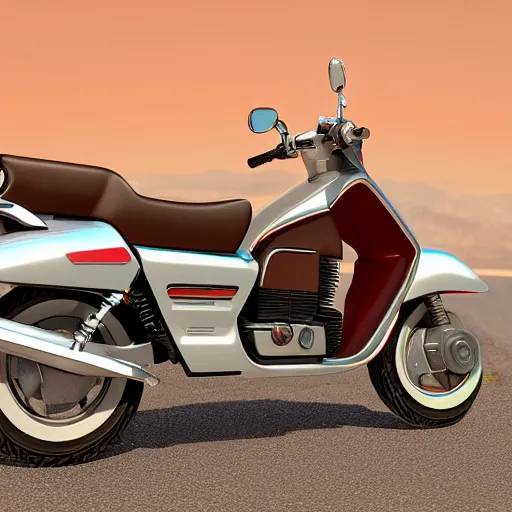 Image similar to 1 9 8 7 honda elite scooter on palm springs road, octane render, 3 d,