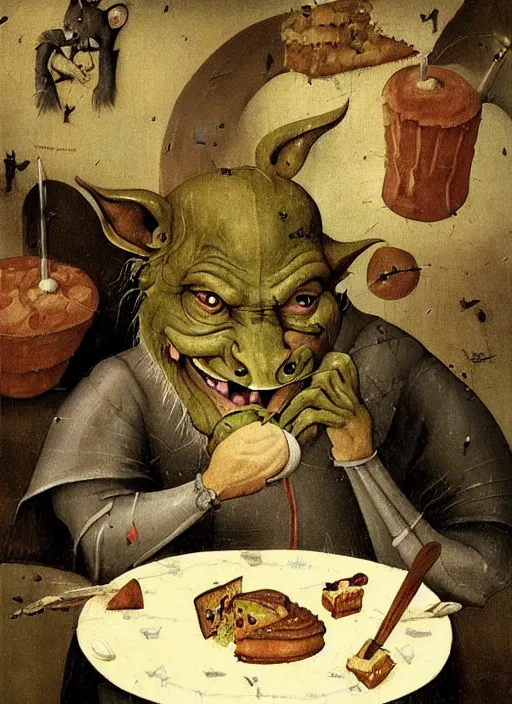 Image similar to medieval goblin eating cakes painted by hieronymus bosch, detailed digital art, trending on Artstation