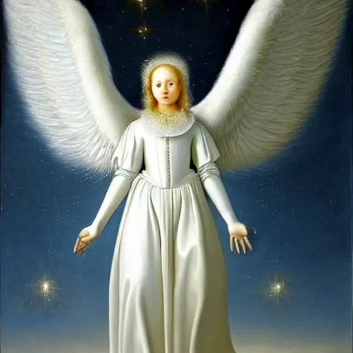 Image similar to highdetailed hyperrealistic painting of white angel!!! no gender!!!, giant ball of miracle light from the chest!!!!!, white sparkles everywhere, 4 k hd fur face!!!, big wings, by jan van eyck, holography space, glow effect, large strokes, white monochrome color!!!!!