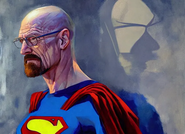 Image similar to a highly detailed beautiful portrait of walter white as superman, by gregory manchess, james gurney, james jean