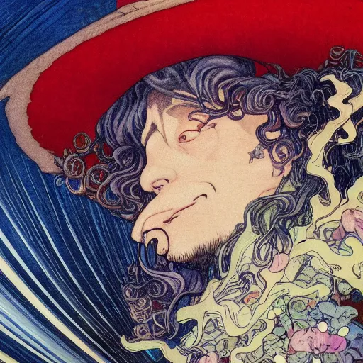 Prompt: detailed closeup of futuristic beautiful crazy old man scientist witch with robotic eyes and curly blue tinted hair and red merlin hat, in styke of Mucha, Yasunari Ikenaga, Yamato, Macross