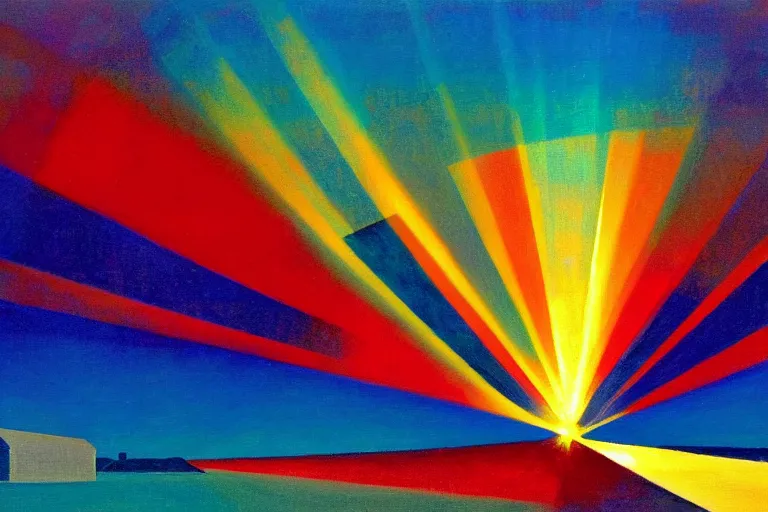 Prompt: a stunning wpa style painting of a prism in the sky reflectinglight, god rays, award winning art