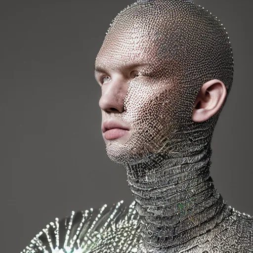 Prompt: a portrait of a beautiful young male wearing an alexander mcqueen armor made of holographic lace , photographed by andrew thomas huang, artistic