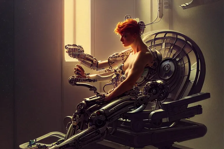 Image similar to ultra realistic, beautiful male cyborg plugged into the internet, sitting in chair, sci - fi, intricate details, eerie, highly detailed, octane render, 8 k, art by artgerm and alphonse mucha and greg rutkowski