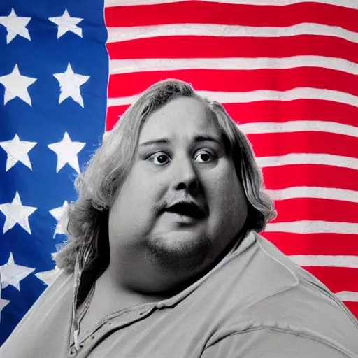 Prompt: An obese greasy goblin creature standing in front of the american flag attempting to look patriotic but failing, presidential nomination photo