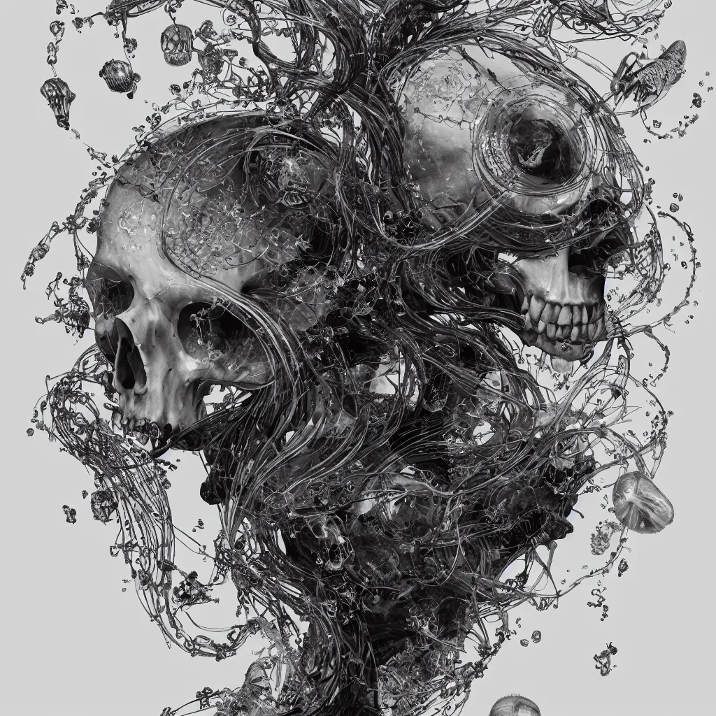 Image similar to close-up portrait goddess skull, thorax, x-ray, backbone, jellyfish phoenix head, nautilus, orchid, betta fish, bioluminiscent creatures, dark deep complex background, intricate artwork by Tooth Wu and wlop and beeple. octane render, trending on artstation, greg rutkowski very coherent symmetrical artwork. cinematic, black and white, contrast, hyper realism, high detail, octane render, 8k