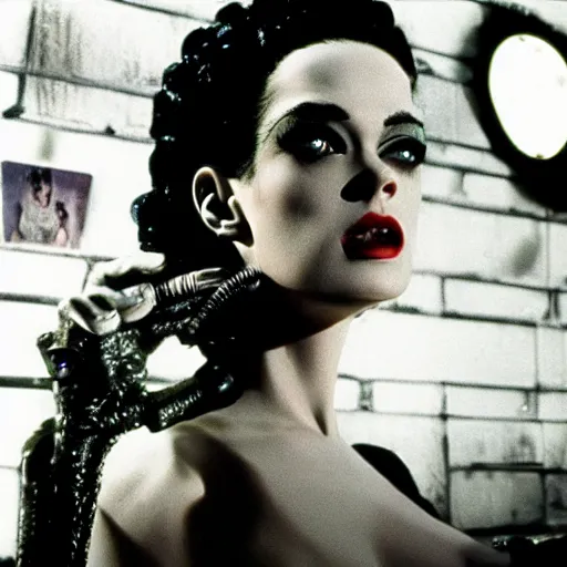 Prompt: cinematic portrait of bride of frankenstein as a replicant in a nightclub, confused and angry, still from the movie bladerunner, fashion photography, a neon sign is in the background