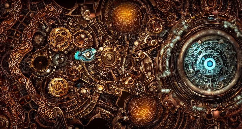 Prompt: Close up of intricate Retrowave Steampunk mandelbulb fractal, made of clockwork and gem tones and filigree platinum, ultra detailed, fractal art, cgsociety, artstation, bokeh effect