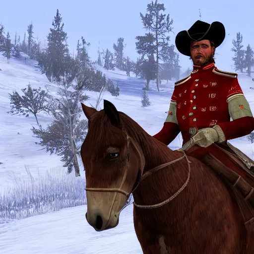 Prompt: portrait of russian empire hussar on horse in red dead redemption, 4k resolution, screenshot