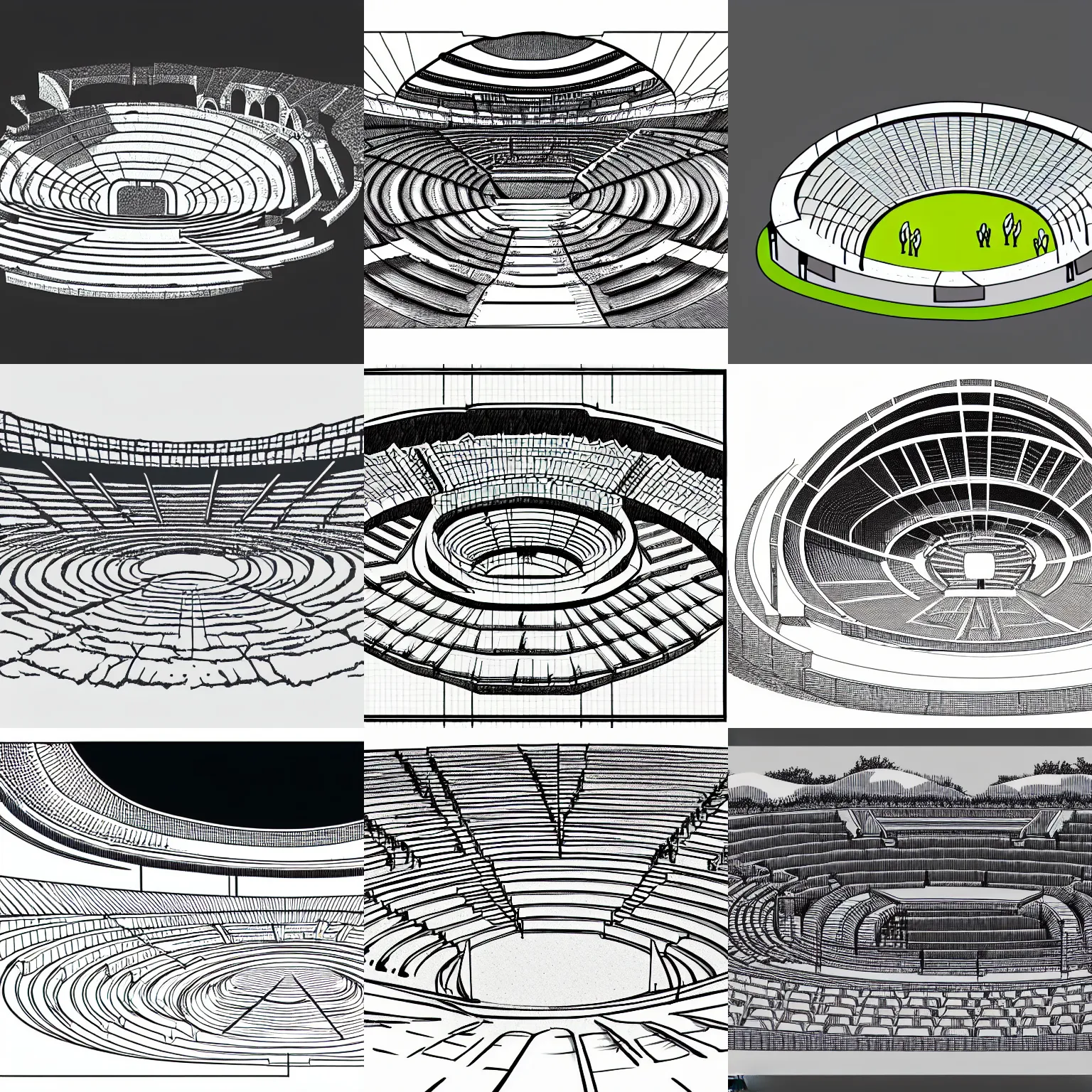 Prompt: a stephen biesty cross - section of ancient amphitheater, vector trace, wide shot!!!!!!, sketch - up, white background