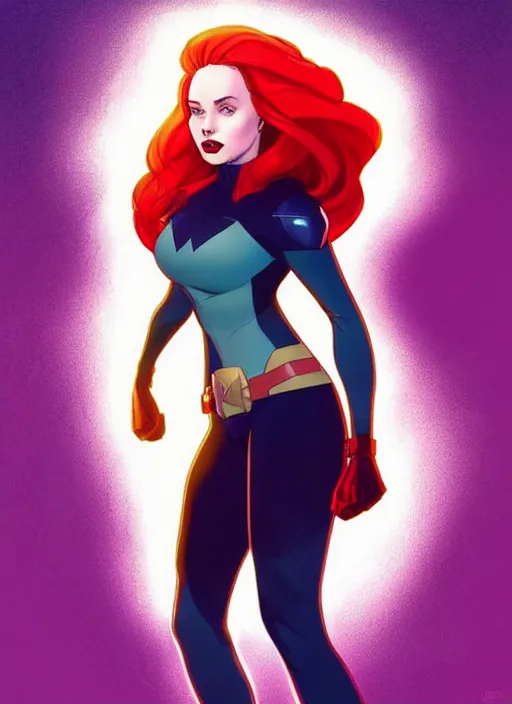 Image similar to Rafeal Albuquerque comic art, Joshua Middleton comic art, cinematics lighting, sunset colors, pretty female Madelaine Petsch Rogue x-men marvel, big smirk, symmetrical face, symmetrical eyes, long red hair and white hair, with white streak in hair, full body, flying in the air, sunset