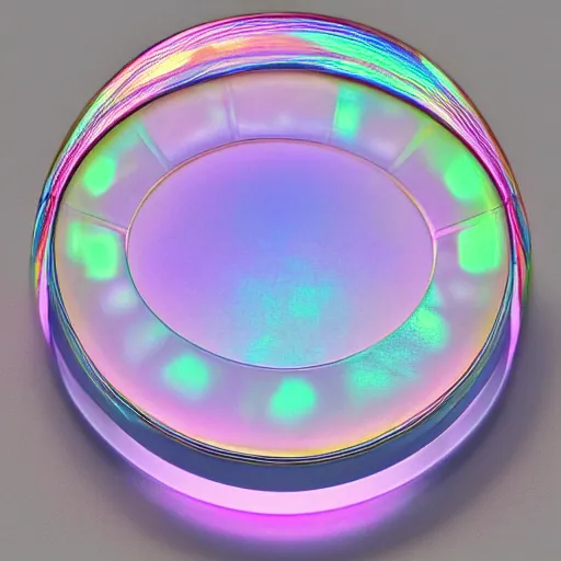 Prompt: pastel coloured fuji archival photography of a peculiar found 3 d object made of a unique matte, iridescent fabric material that bends light like a fresnel lens. the object is adorned with a machined silicon chip casing and an intricate detailing of quantum crystal circuits. the object has an inscription on the inner cuff and is placed in a white table.