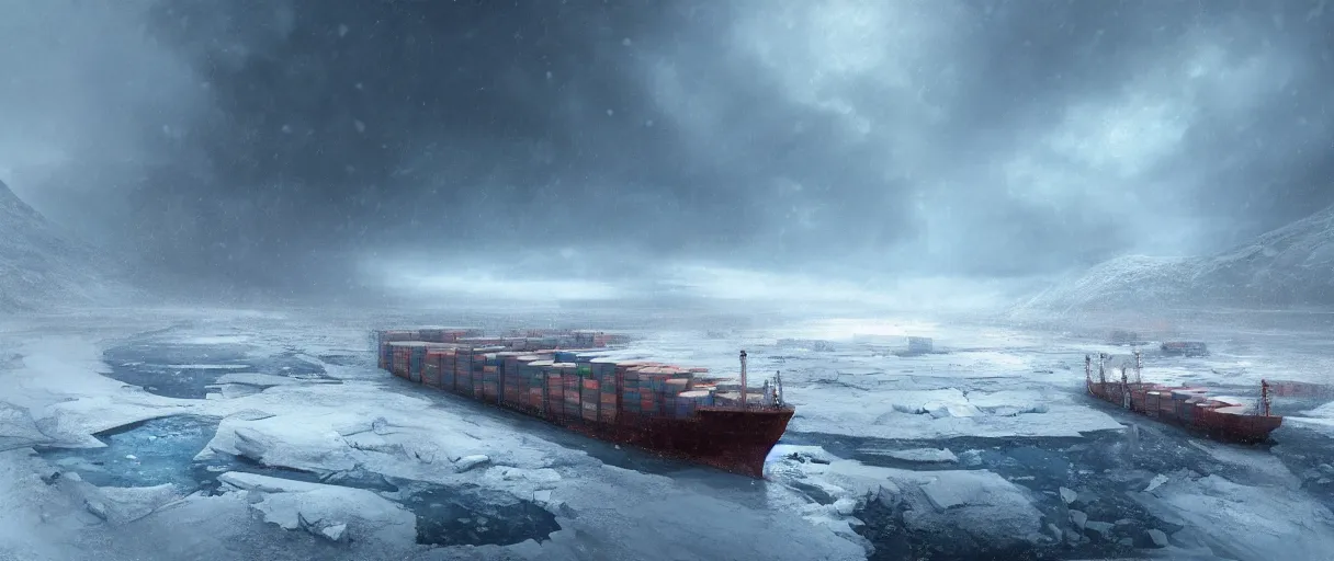 Prompt: a huge cargo ship trapped in the flow of time. frozen arctic landscape. snow. atmospheric. imagined by craig mullins and greg rutkowski.