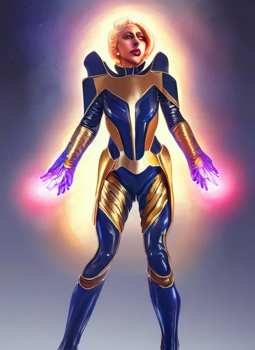 Image similar to lady gaga as nova corps officer, intricate, elegant, glowing lights, highly detailed, digital painting, artstation, glamor pose, concept art, smooth, sharp focus, illustration, art by artgerm and greg rutkowski, artey freytag