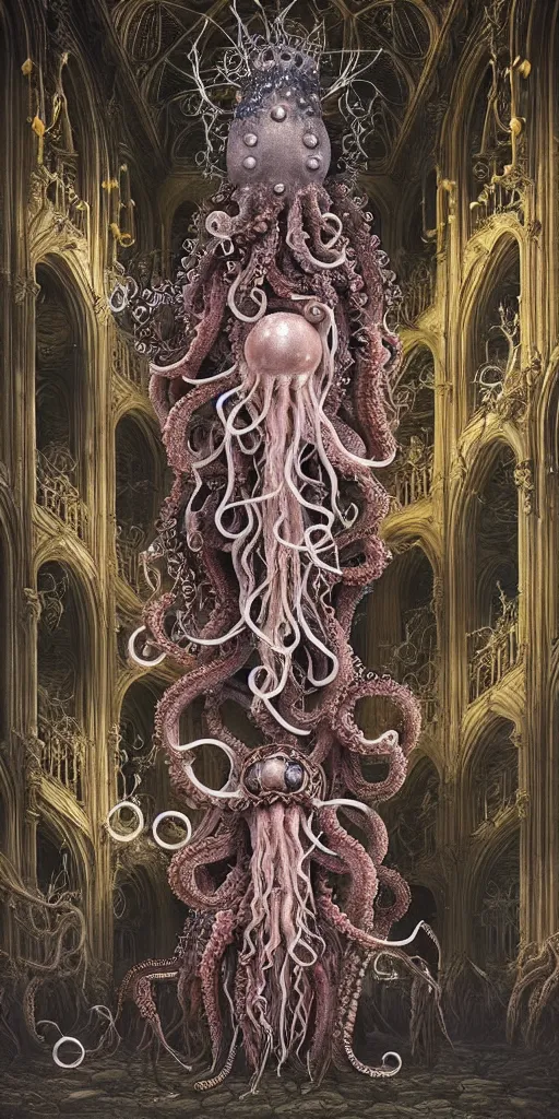 Image similar to group of mankind mages with octopus heads a lot of jellyfish floating around inside an ancient mage castle hall colossal scale, gothic and baroque, brutalist architecture, ultradetailed, Intricate by Ellen Jewett and Josan Gonzalez and Giuseppe Arcimboldo