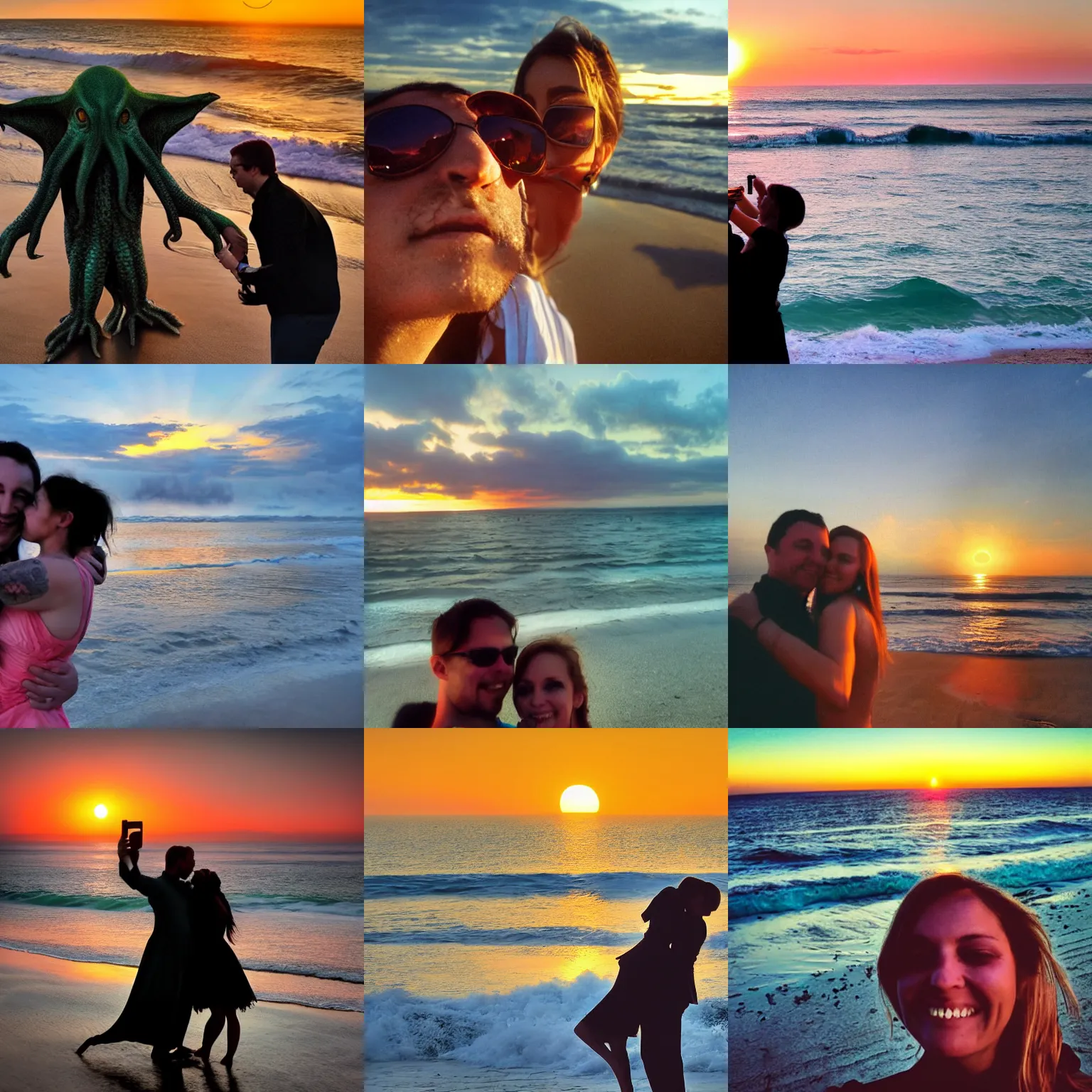 Prompt: Cthulhu photobombing a romantic selfie on a beach at sunset