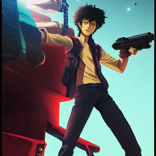 Image similar to , hyperrealistic spike from anime cowboy bebop holding two handguns looking into the distance of space, physically accurate, dynamic lighting, intricate, elegant, highly detailed, very very Roberto Ferri, sharp focus, very very unsettling, very terrifying, illustration, wideshot, spike in on top of his red spaceship and he is looking over a dystopian cyber city on Mars art